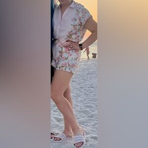 100% Linen Pink and Green Two-Piece Short and Top Set Size Medium